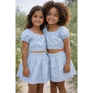 Lemon Print Skirt Set Girls Size 6 Blue Puff Sleeve Crop Top Seersucker